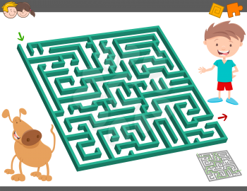 Cartoon Illustration of Education Maze or Labyrinth Leisure Activity with Boy and his Dog