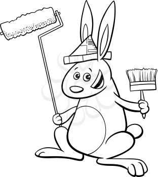 Black and White Cartoon Illustration of Rabbit Painter Fantasy Animal Character Coloring Book