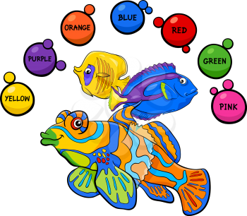 Cartoon Illustration of Primary Basic Colors Educational Activity for Children with Colorful Fish Animal Characters