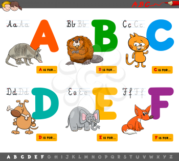 Cartoon Illustration of Capital Letters Alphabet Set with Animal Characters for Reading and Writing Education for Children from A to F