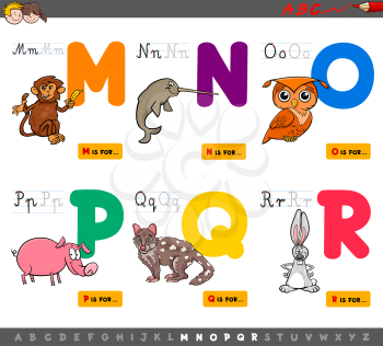 Cartoon Illustration of Capital Letters Alphabet Set with Animal Characters for Reading and Writing Education for Children from M to R