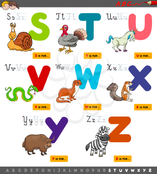 Cartoon Illustration of Capital Letters Alphabet Set with Animal Characters for Reading and Writing Education for Children from S to Z