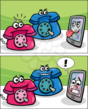 Cartoon Illustration of Smart Phone and Retro Phones Comic Story