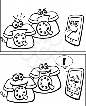 Black and  White Cartoon Illustration of Smart Phone and Retro Phones Comic Story
