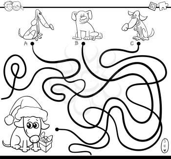 Black and White Cartoon Illustration of Paths or Maze Puzzle Activity Game with Dog Animal Characters on Christmas Time Coloring Page