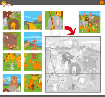 Cartoon Illustration of Educational Jigsaw Puzzle Game for Children with Animal Characters