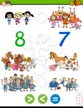 Cartoon Illustration of Educational Mathematical Activity Game of Greater Than, Less Than or Equal to for Children with Animal and People Characters