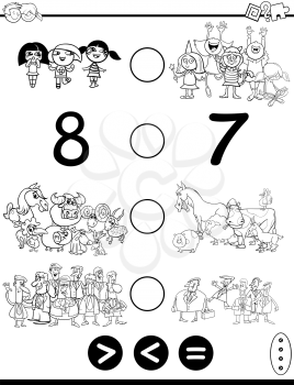 Black and White Cartoon Illustration of Educational Mathematical Activity Game of Greater Than, Less Than or Equal to for Children with Animal and People Characters Characters Coloring Page