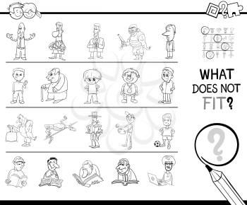 Black and White Cartoon Illustration of Finding Picture that does not Fit with the Rest in a Row Educational Activity for Kids Coloring Book
