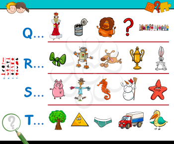 Cartoon Illustration of Searching Pictures Starting with Referred Letter Educational Game Worksheet for Children