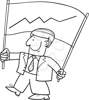 Black and White Cartoon Illustration of Man or Businessman Character Holding Banner with Chart