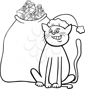 Black and White Cartoon Illustration of Cat or Kitten Animal Character with Sack of Christmas Gifts Coloring Book