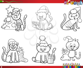 Coloring Book Cartoon Illustration of Black and White Set of Cats Animal Characters on Christmas Time