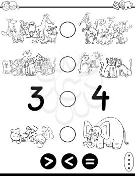 Black and White Cartoon Illustration of Educational Mathematical Activity Game of Greater Than, Less Than or Equal to for Children with Animal and Pet Characters Coloring Page