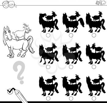Black and White Cartoon Illustration of Finding the Shadow without Differences Educational Activity for Children with Horse and Goat Farm Animal Characters Coloring Page