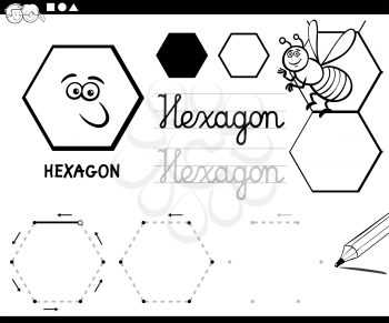 Black and White Educational Cartoon Illustration of Hexagon Basic Geometric Shape for Children Coloring Page