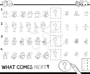 Black and White Cartoon Illustration of Completing the Pattern Educational Activity Game for Children Coloring Page