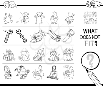 Black and White Cartoon Illustration of Finding Picture that does not Fit with the Rest in a Row Educational Activity for Children for Coloring