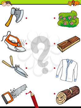 Cartoon Illustration of Education Pictures Matching Game for Children with Tools and Objects