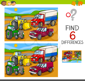 Cartoon Illustration of Spot the Differences Educational Game for Children with Cars and Transport Characters Group