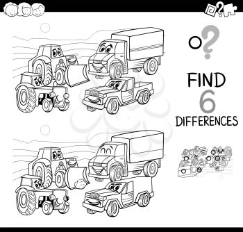 Black and White Cartoon Illustration of Spot the Differences Educational Game for Children with Cars and Transport Characters Group Coloring Page