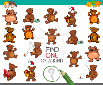Cartoon Illustration of Find One of a Kind Educational Activity for Children with Teddy Bear Characters