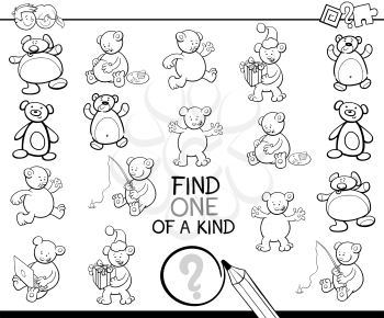 Black and White Cartoon Illustration of Find One of a Kind Educational Activity for Children with Teddy Bear Characters Coloring Page