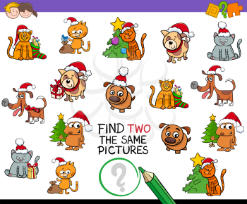 Cartoon Illustration of Finding Two Identical Pictures Educational Game for Children with Christmas Animals