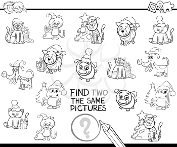 Black and White Cartoon Illustration of Finding Two Identical Pictures Educational Game for Children with Christmas Animals Coloring Page