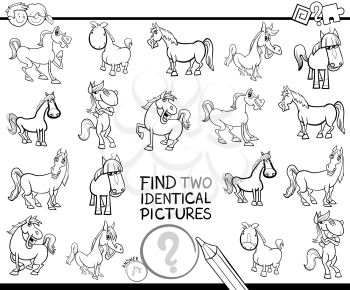 Black and White Cartoon Illustration of Finding Two Identical Pictures Educational Activity Game for Children with Horses Farm Animal Characters Coloring Book