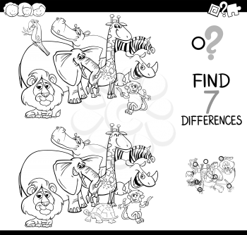 Black and White Cartoon Illustration of Finding Seven Differences Between Pictures Educational Activity Game for Kids with Safari Animal Characters Group Coloring Book