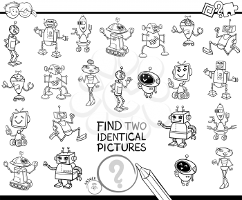 Black and White Cartoon Illustration of Finding Two Identical Pictures Educational Activity Game for Children with Robot Characters Coloring Book