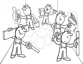 Black and White Cartoon Illustration of Funny Manual Workers Characters or Decorators doing Repairs Coloring Book