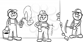 Black and White Cartoon Illustration of Manual Workers or Builders Characters at Work Coloring Book