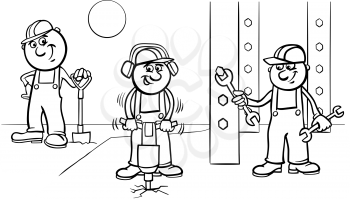 Black and White Cartoon Illustration of Manual Workers or Builders Characters Group at Work Coloring Book