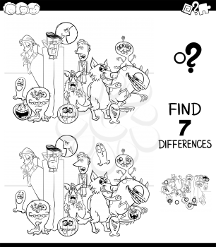 Black and White Cartoon Illustration of Finding Seven Differences Between Pictures Educational Game for Children with Scary Halloween Characters Coloring Book