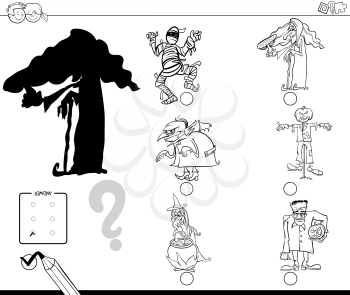 Black and White Cartoon Illustration of Finding the Right Shadow Educational Activity for Children with Scary Halloween Characters Coloring Book