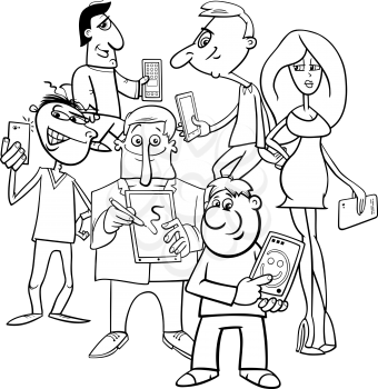 Black and White Cartoon Illustration of People Group with Smart Phones and Tablets New Technology Electronic Devices