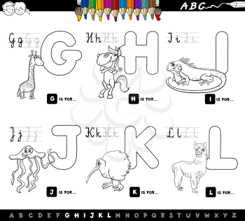 Black and White Cartoon Illustration of Capital Letters Alphabet Set with Animal Characters for Reading and Writing Education for Children from G to L Coloring Book