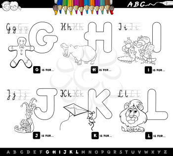 Black and White Cartoon Illustration of Capital Letters Alphabet Educational Set for Reading and Writing Learning for Children from G to L Coloring Book