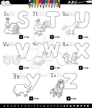 Black and White Cartoon Illustration of Capital Letters Alphabet Set with Animal Characters for Reading and Writing Education for Children from S to Z Coloring Book