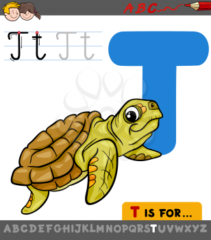 Educational Cartoon Illustration of Letter T from Alphabet with Turtle Animal Character for Children 