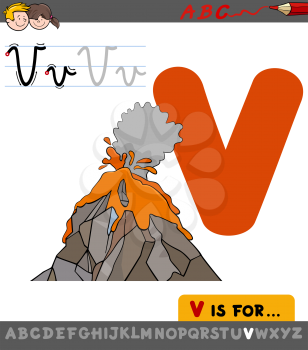 Educational Cartoon Illustration of Letter V from Alphabet with Volcano for Children 