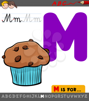 Educational Cartoon Illustration of Letter M from Alphabet with Muffin Sweet Food for Children 