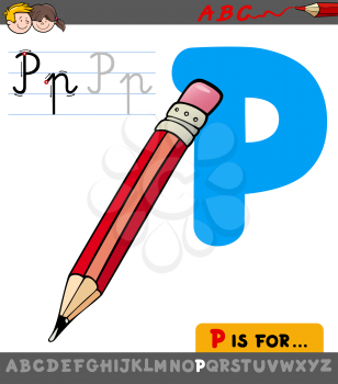Educational Cartoon Illustration of Letter P from Alphabet with Pencil Object for Children 