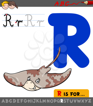 Educational Cartoon Illustration of Letter R from Alphabet with Ray Animal Character for Children 