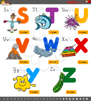 Cartoon Illustration of Capital Letters Alphabet Educational Set for Reading and Writing Learning for Children from S to Z
