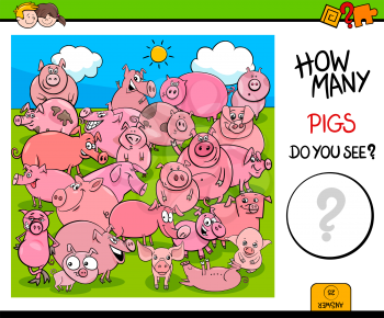 Cartoon Illustration of Educational Counting Activity Game with Pigs Farm Animal Characters