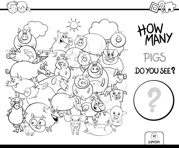 Black and White Cartoon Illustration of Educational Counting Activity Game with Pigs Farm Animal Characters Coloring Book