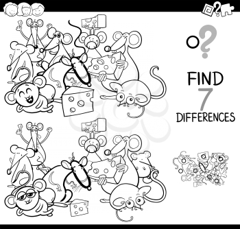 Black and White Cartoon Illustration of Finding Seven Differences Between Pictures Educational Activity Game for Kids with Mice Animal Characters Group Coloring Book
